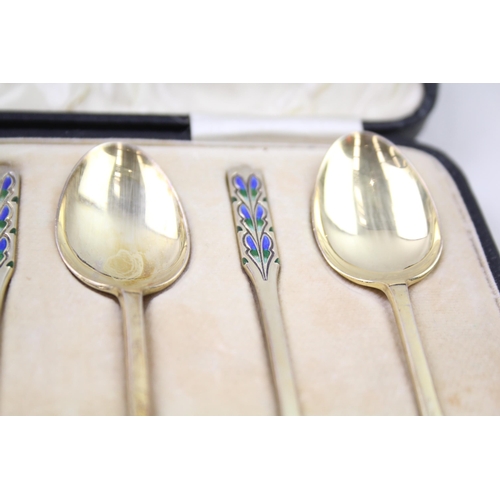 247 - 6 x Vintage 1929 Birmingham Sterling Silver Gilt & Enamel Teaspoons Cased (61g)