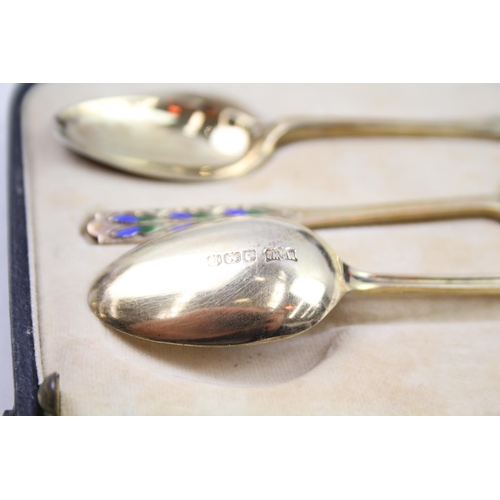 247 - 6 x Vintage 1929 Birmingham Sterling Silver Gilt & Enamel Teaspoons Cased (61g)