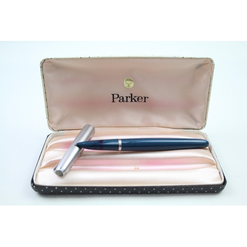 316 - Vintage PARKER 51 Teal Fountain Pen w/ 14ct Gold Nib, Brushed Steel Cap Boxed