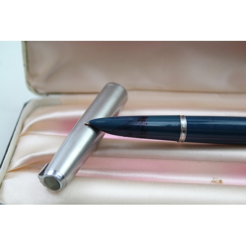 316 - Vintage PARKER 51 Teal Fountain Pen w/ 14ct Gold Nib, Brushed Steel Cap Boxed