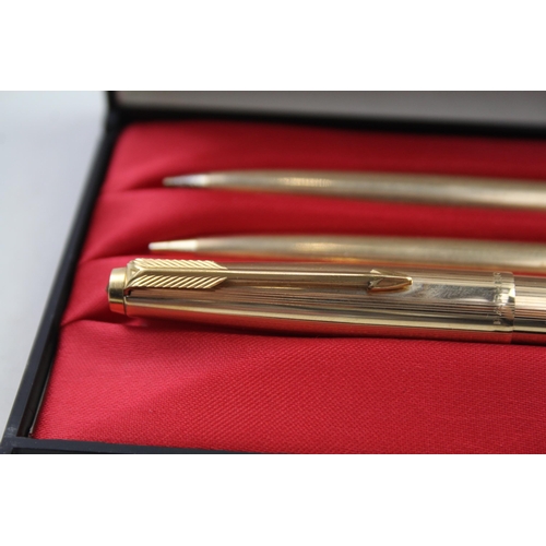 330 - Vintage PARKER 61 Gold Plated Fountain Pen w/ 14ct Gold Nib, Ballpoint, Pencil