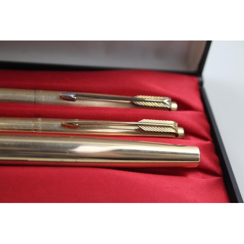 330 - Vintage PARKER 61 Gold Plated Fountain Pen w/ 14ct Gold Nib, Ballpoint, Pencil