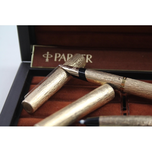 331 - Vintage PARKER 105 Gold Plated Fountain Pen w/ 14ct Gold Nib, Fineliner, Box Etc