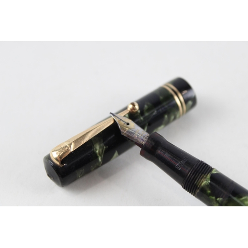 355 - Vintage MABIE TODD Swan Self Filler Green Fountain Pen w/ 14ct Gold Nib WRITING