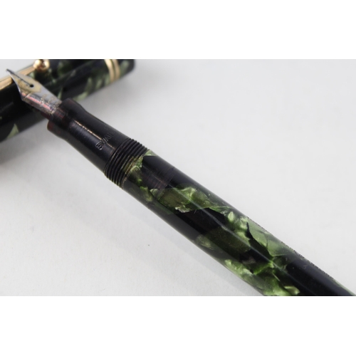 355 - Vintage MABIE TODD Swan Self Filler Green Fountain Pen w/ 14ct Gold Nib WRITING