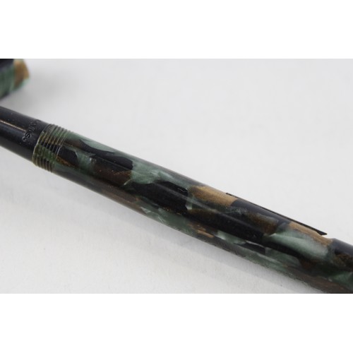 354 - Vintage MABIE TODD Swan Self Filler Green Fountain Pen w/ 14ct Gold Nib WRITING