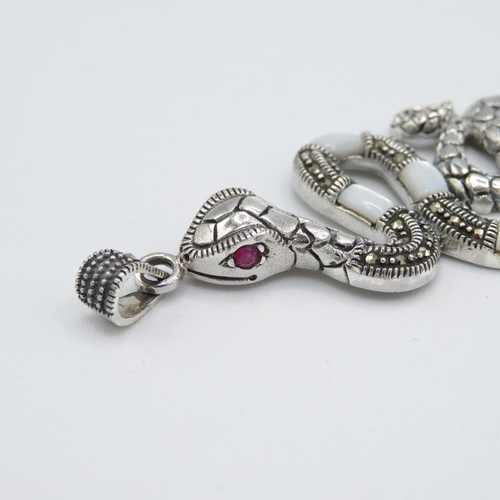 145 - HM Sterling Silver 925 Snake pendant set with white stones and red stone eyes (10.6g) In excellent c... 