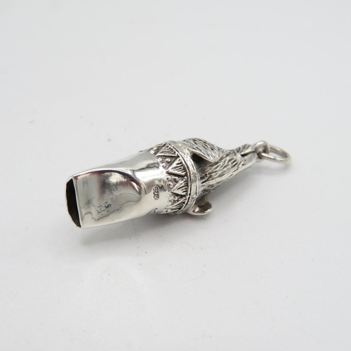 197 - HM 925 Sterling Silver dog whistle with fob ring and detailed dog head design fully working (11.3g) ... 