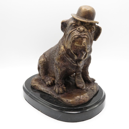 375 - Sitting British Bulldog on Marble Plinth 2390g - Height 18cm