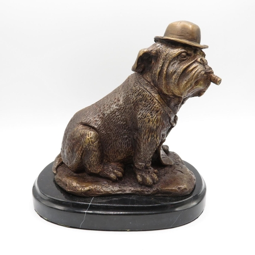 375 - Sitting British Bulldog on Marble Plinth 2390g - Height 18cm