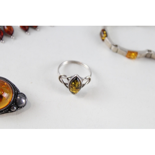 250 - A collection of silver Baltic amber set jewellery pieces (56g)