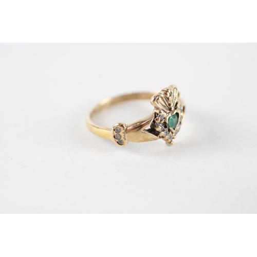 100 - 10ct gold emerald & diamond claddah ring (2g) Size  J