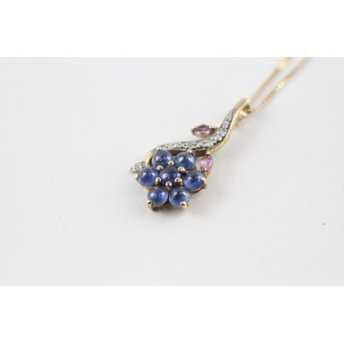 118 - 9ct gold sapphire, pink sapphire & diamond floral pendant & chain (3.8g)