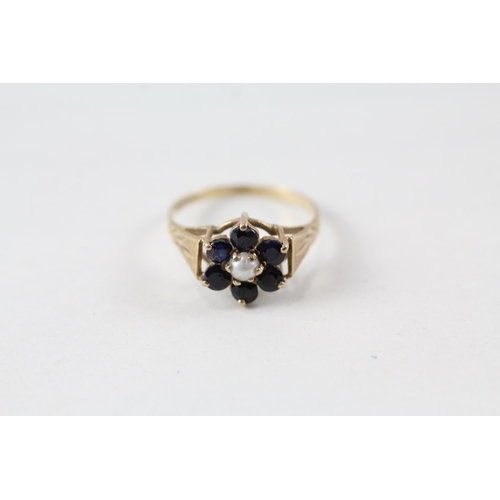 127 - 9ct gold sapphire & seed pearl cluster ring (1.5g) Size  L