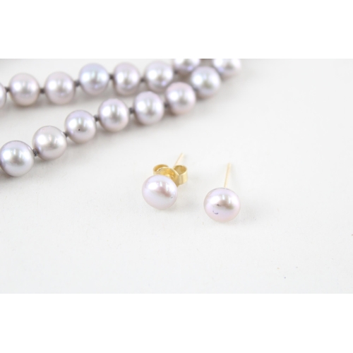 132 - 14ct gold cultured pearl single strand necklace & stud earrings set (24.6g)