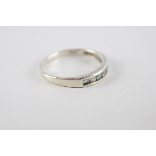 19 - 9ct white gold aquamarine & diamond half eternity ring (1.8g) Size  O