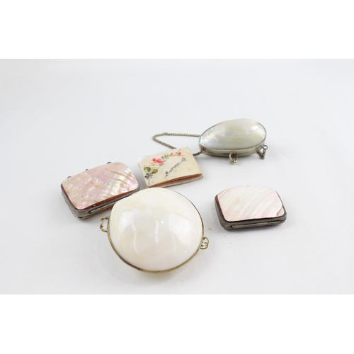 262 - Antique Mother Of Pearl Purses Inc Silver Plate, Travel, Souvenir x 5