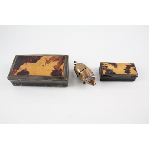 3 x Antique / Vintage Tobacciana Inc Brass Novelty Pig Vesta Case, Snuff Boxes