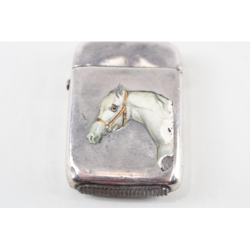 291 - Antique Victorian 1883 Birmingham Sterling Silver Vesta Case w/ Enamel Horse 29g