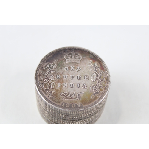 314 - Antique 1903 .950 Silver Edward VII India One Rupee Coin Detailed Pill Box (44g)