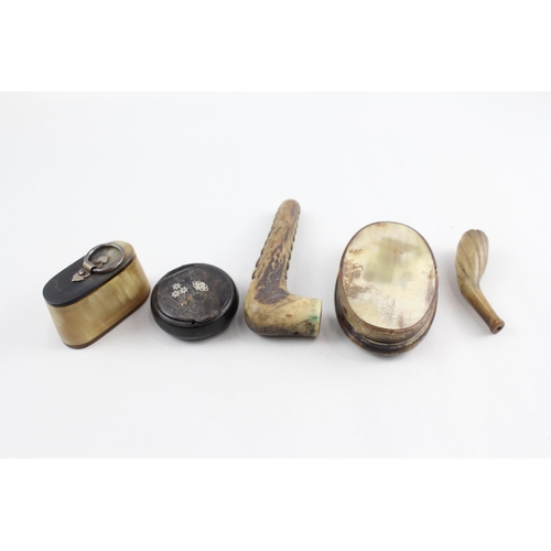 338 - Collection Antique Horn / Antler Items Inc. Snuff Boxes - Pipe & Crop Handle x 5