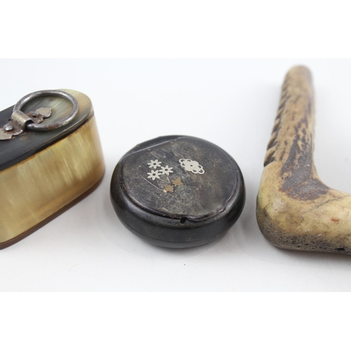 338 - Collection Antique Horn / Antler Items Inc. Snuff Boxes - Pipe & Crop Handle x 5