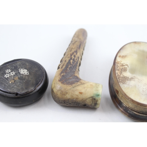 338 - Collection Antique Horn / Antler Items Inc. Snuff Boxes - Pipe & Crop Handle x 5