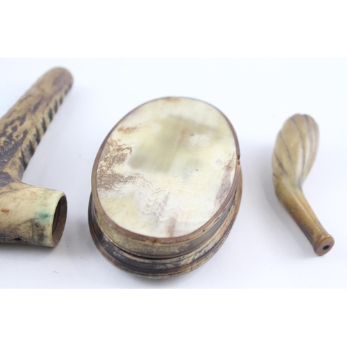 338 - Collection Antique Horn / Antler Items Inc. Snuff Boxes - Pipe & Crop Handle x 5