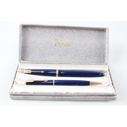 355 - Vintage PARKER Maxima Duofold Navy Fountain Pen w/ 14ct Gold Nib, Pencil, Box