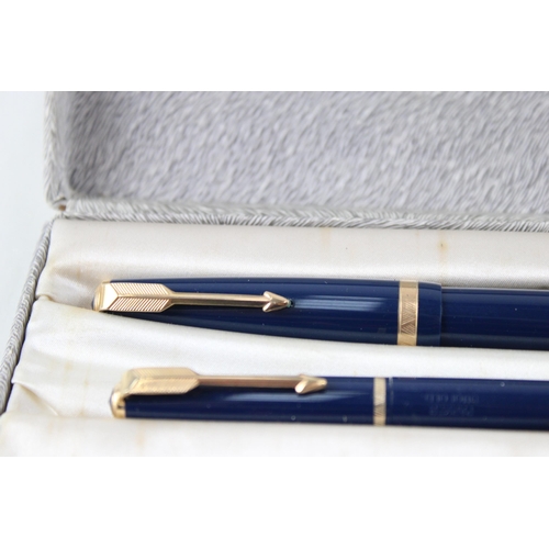 355 - Vintage PARKER Maxima Duofold Navy Fountain Pen w/ 14ct Gold Nib, Pencil, Box