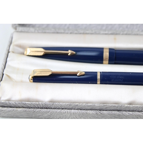 355 - Vintage PARKER Maxima Duofold Navy Fountain Pen w/ 14ct Gold Nib, Pencil, Box