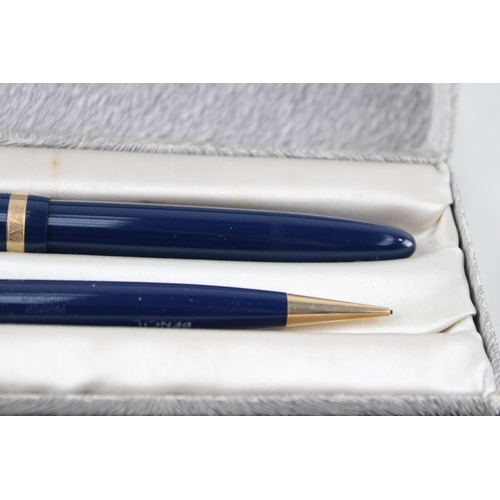 355 - Vintage PARKER Maxima Duofold Navy Fountain Pen w/ 14ct Gold Nib, Pencil, Box