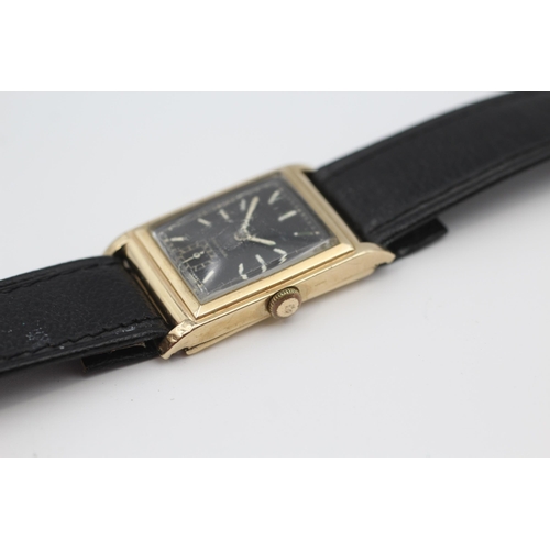 395 - Black Dial 9ct Gold 'Tank' Cased Gents C.1930's WRISTWATCH Hand-Wind WORKING