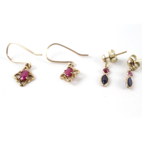 42 - 2x 9ct gold ruby & sapphire drop earrings (1.7g)