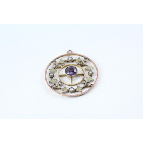 43 - 2x 9ct gold amethyst, paste & seed pearl pendants (4g)