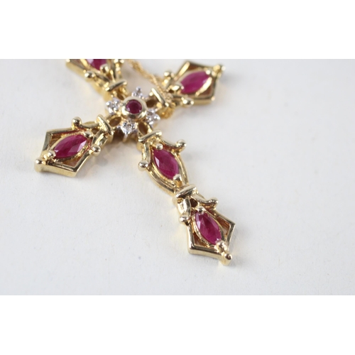 51 - 9ct gold ruby & diamond cross pendant & chain (4.6g)