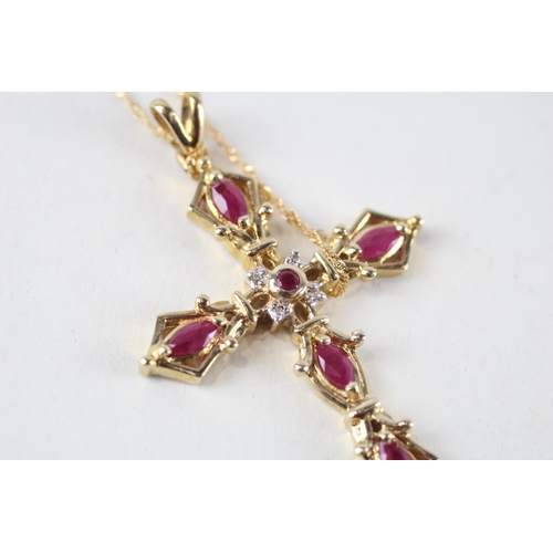 51 - 9ct gold ruby & diamond cross pendant & chain (4.6g)