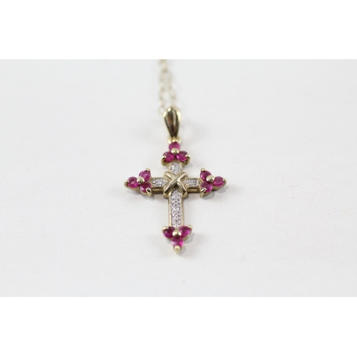 64 - 9ct gold ruby & diamond cross pendant & chain (1.8g)