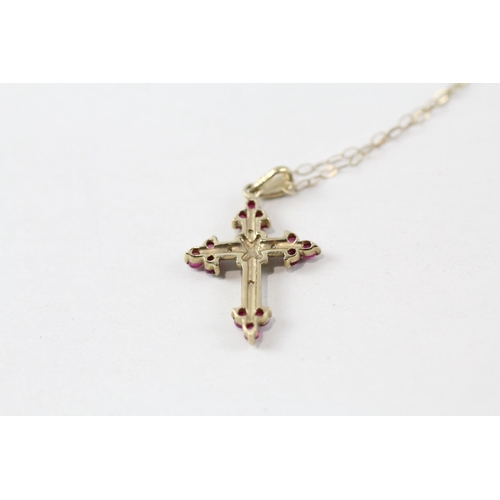 64 - 9ct gold ruby & diamond cross pendant & chain (1.8g)