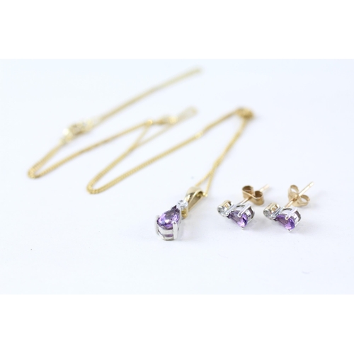 70 - 2x 9ct gold amethyst & diamond necklace & earrings set (2.3g)