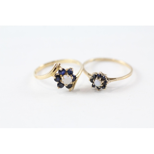 74 - 2x 9ct gold sapphire, opal cluster rings (2.5g) Size  O + P