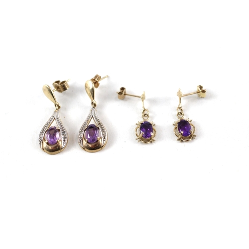 83 - 2x 9ct gold amethyst & diamond drop earrings (3g)