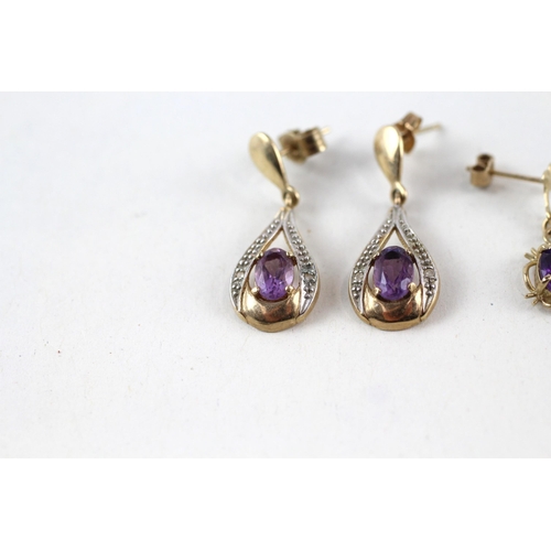 83 - 2x 9ct gold amethyst & diamond drop earrings (3g)