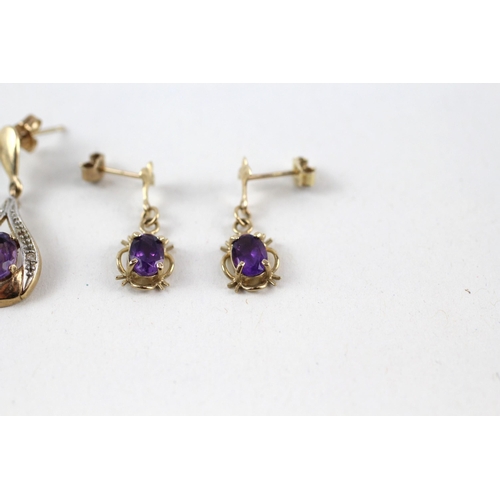 83 - 2x 9ct gold amethyst & diamond drop earrings (3g)