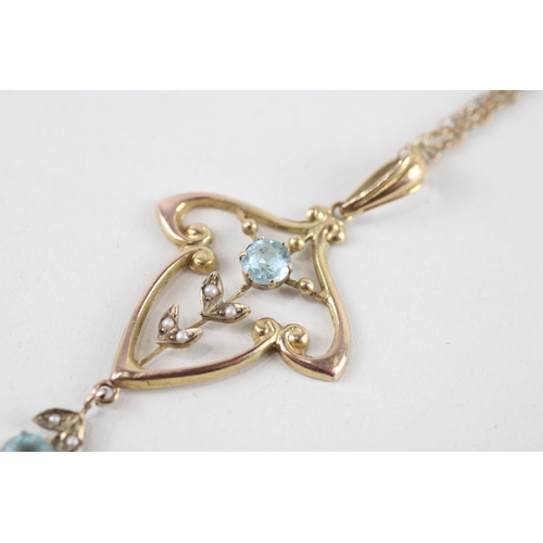 84 - 9ct gold blue gemstone & seed pearl pendant & chain (2.8g)