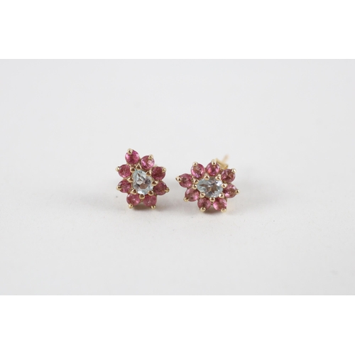 86 - 9ct gold pink & blue gemstone cluster earrings (1.4g)