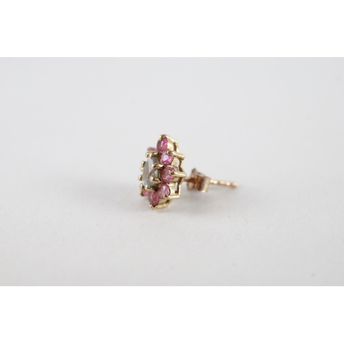 86 - 9ct gold pink & blue gemstone cluster earrings (1.4g)