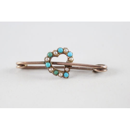 90 - 9ct gold turquoise & seed pearl heart brooch (1.5g)