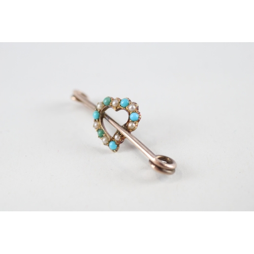 90 - 9ct gold turquoise & seed pearl heart brooch (1.5g)