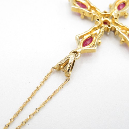 51 - 9ct gold ruby & diamond cross pendant & chain (4.6g)